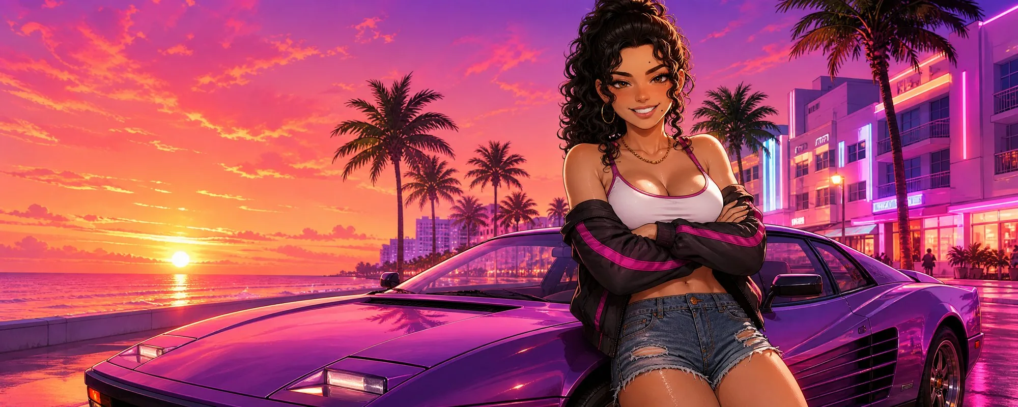 The $GTA girl leaning on a purple sports car on a neon ocean drive at sunset